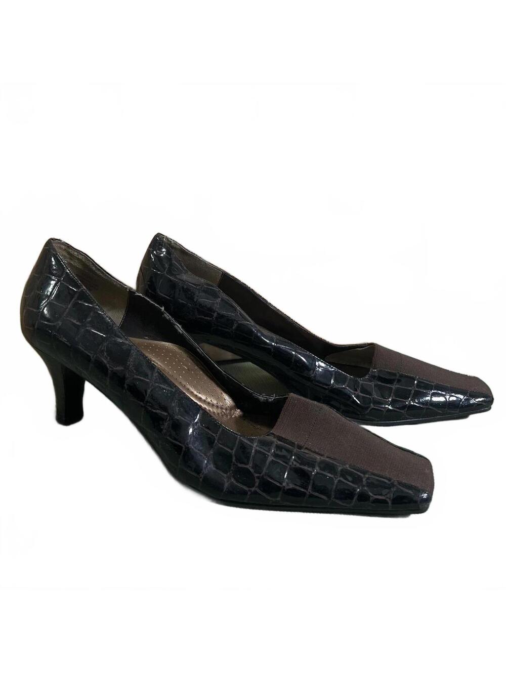 J. Renee Vintage Mabel Womens Heels Size 10 W Black Croc Embossed with Brown Toe